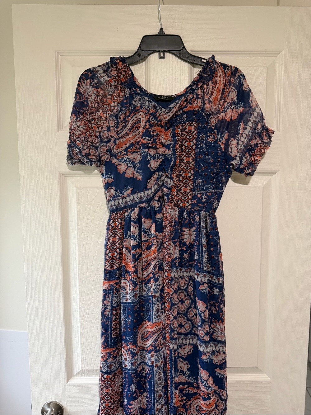 Women's Navy Paisley Short-Sleeve Maxi Dress